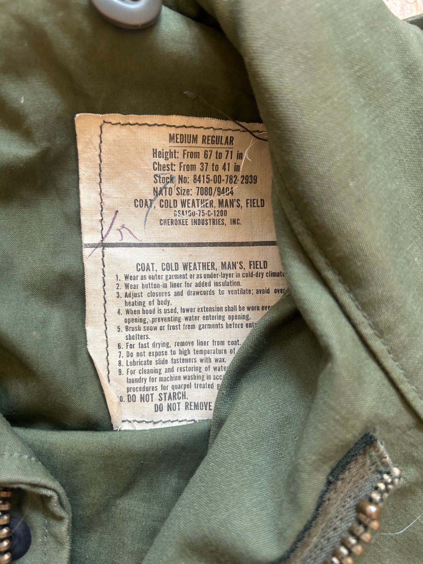 1970s M65 Cold Weather Parker. Size Medium.